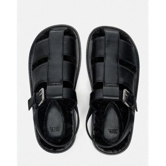 New ZARA Faux Fur Lined Cage Sandals Black Leather Fisherman Women's Size 6.5 37 - Picture 1 of 14